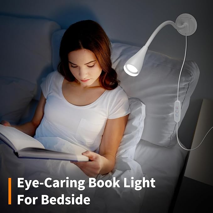 Wall Mounted Reading Light, Wall Light for Book at Night in Bed,Bedside,Headboard,Desk, Eye Care LED, Plug in USB Powered,5 Color & Brightness Dimmable, Flexible Gosseneck, 2 Pack