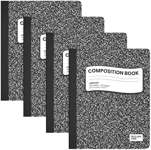 E-CLIPS USA Composition Notebooks Unruled Composition Notebook Hard Cover Marble Composition Notebook 100 sheets 9.75″ x 7.25″ (4 Pack)