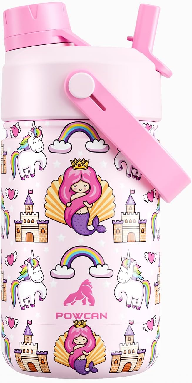 12 oz Kids Insulated Mermaid Water Bottle for School: 2-in-1 Straw Spout Lid, Leakproof, BPA-Free, Keep Cold 24H, Reusable Stainless Steel Cup, Birthday Gift for Girls Daughters (Rainbow Kingdom)