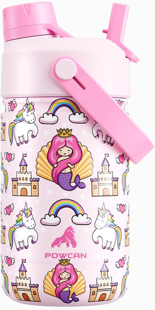 12 oz Kids Insulated Mermaid Water Bottle for School: 2-in-1 Straw Spout Lid, Leakproof, BPA-Free, Keep Cold 24H, Reusable Stainless Steel Cup, Birthday Gift for Girls Daughters (Rainbow Kingdom)