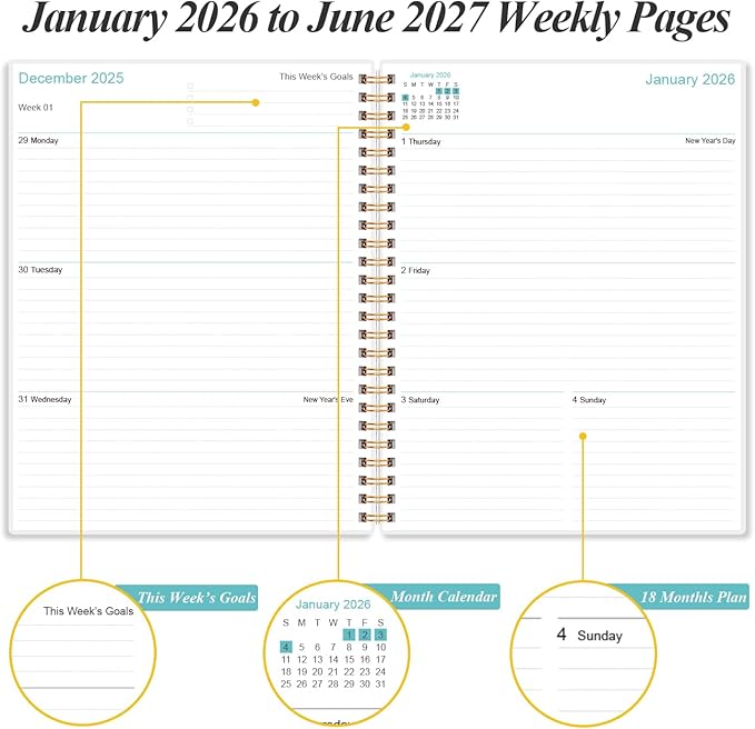 2026-2027 Planner - Weekly & Monthly Planner from January 2026 - June 2027, Planner 2026-2027 with Elastic Closure, Inner Pocket, 8.5" x 11", Rose Leaf