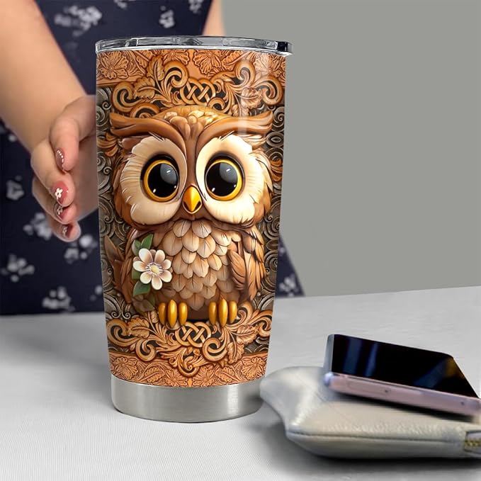 SANDJEST Owl Tumbler 20oz Owls Gifts for Women Girl Owl Wood Drawing Stainless Steel Insulated Tumblers Coffee Travel Mug Cup Gift for Birthday Christmas