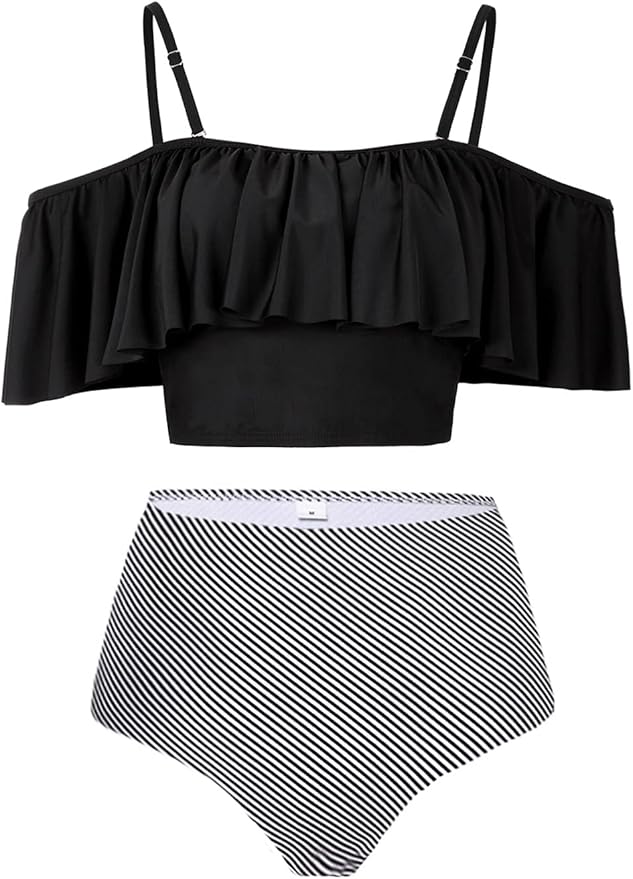 Kaei&Shi High Waisted Flounce Bikini Set,Tummy Control Swimsuits for Women,Off Shoulder