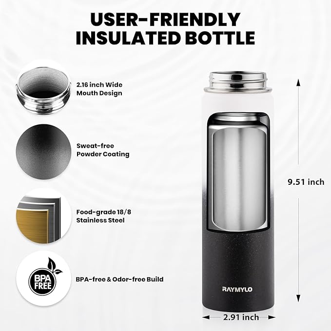 RAYMYLO Insulated Water Bottle 20 oz, Triple Wall Vacuum Stainless Steel (Cold for 24Hrs, Hot for 12Hrs), Leak Proof & Non-BPA, Kids Water Bottle Jug for School with Straw Spout Lids