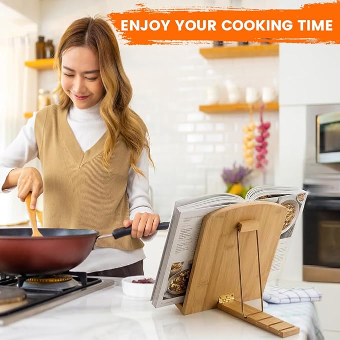 Adjustable Bamboo Cookbook Stand for Kitchen Counter – Multi-Functional Recipe Holder for Tablets, Cookbooks, Magazines & Textbooks – Perfect Kitchen Gift for Women (Plain)