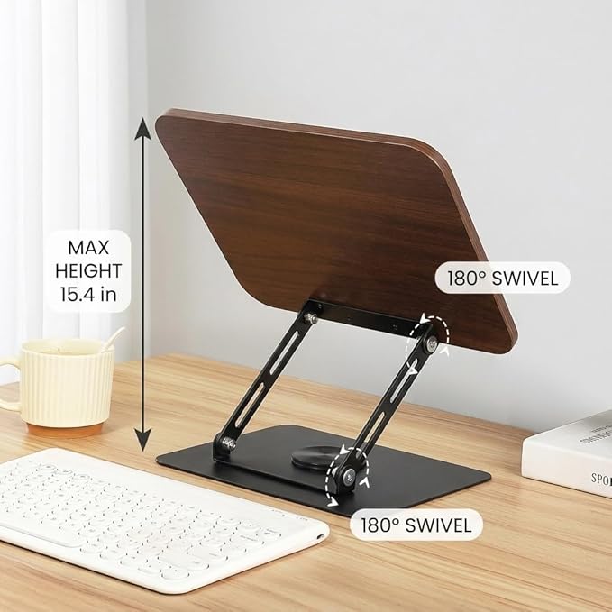 Premium Adjustable Bookstand for Desk - 360° Swivel Wooden Book Holder for Reading Hands Free, Heavy Duty Carbon Steel Textbook Stand, Portable Cookbook Holder for Kitchen Counter, Bible, Laptop