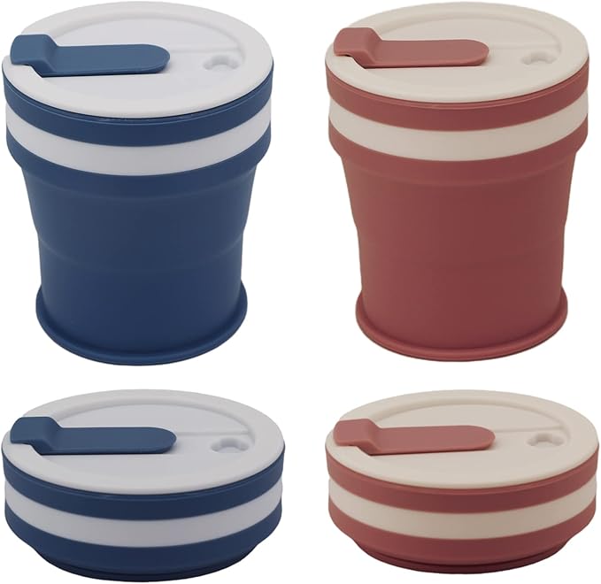 silica gel collapsible water cups, coffee cups, improved, cup cover sealed reinforced, 12 oz travel camping cup (Blue+Purple) 2pcs……