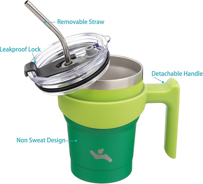 Konokyo 10 oz Tumbler with Handle and 2 Straw 2 Lid, Insulated Water Bottle Stainless Steel Vacuum Cup Reusable Travel Mug,Matcha Green