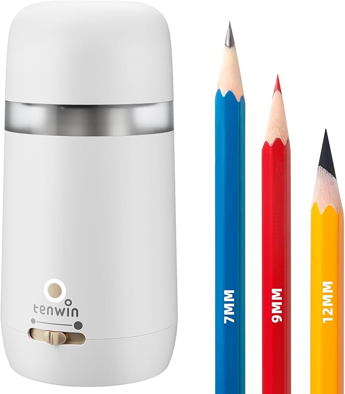 tenwin Fully Automatic Electric Pencil Sharpener for 7-12mm Pencils, Auto in&Eject, 3 Selectable Adjustable Pencil Nibs with Breathing Light (White)