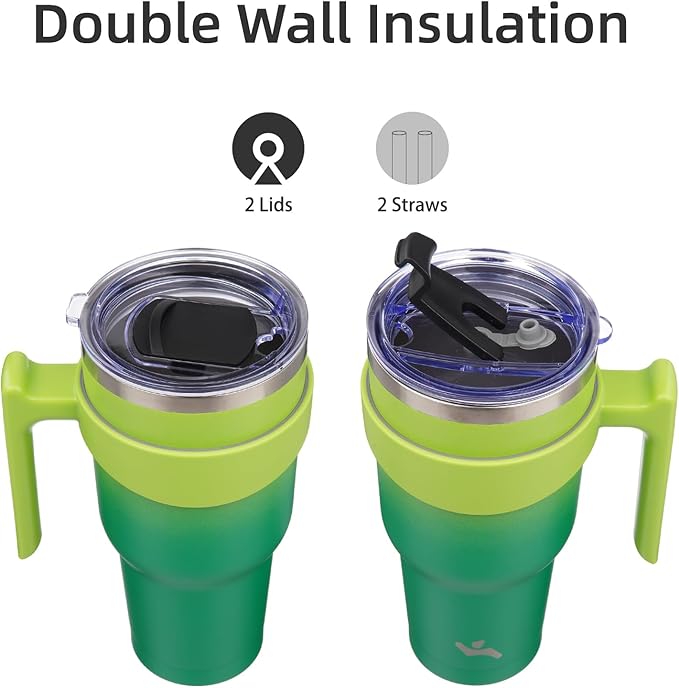 Konokyo 30 oz Tumbler with Handle and 2 Straw 2 Lid, Insulated Water Bottle Stainless Steel Vacuum Cup Reusable Travel Mug,Matcha Green