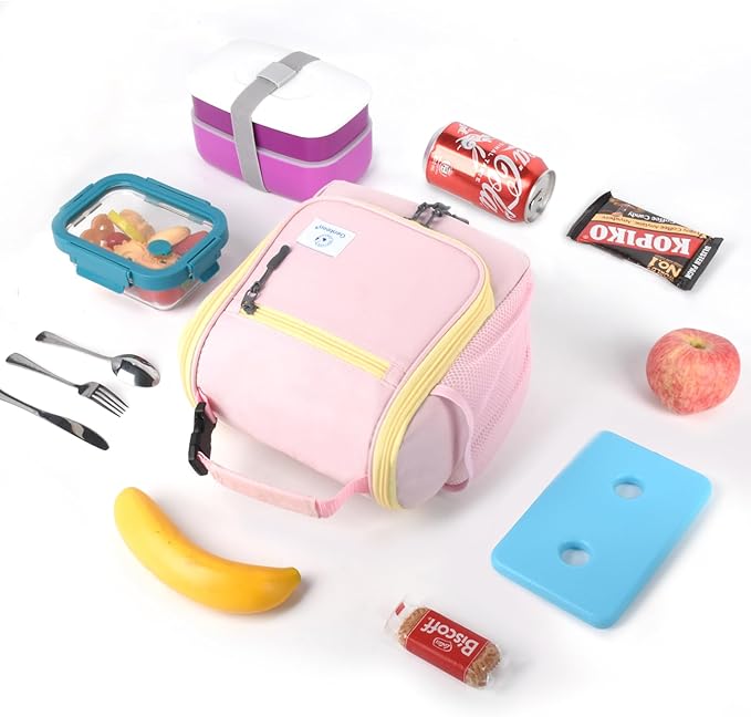 Genteen Kids Lunch Box, Insulated Lunch Bag for Kids, Toddler, Girl, and Boy; Holds Lunch Box, Water Bottle, & Snacks; Easy-Clean Water-Resistant Fabric & Multiple Zippered Pockets (Pink)