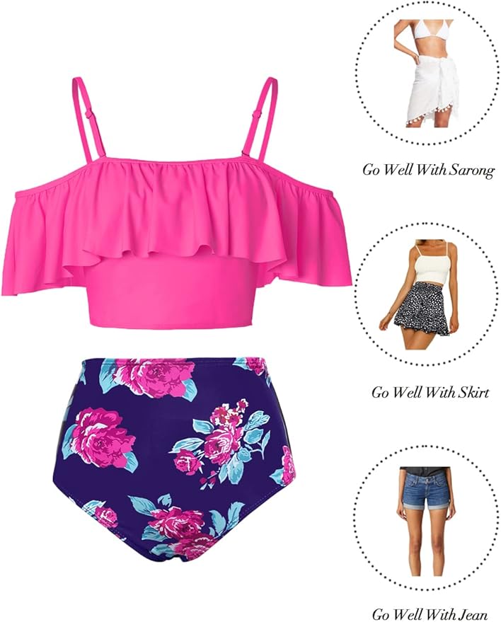 Kaei&Shi High Waisted Flounce Bikini Set,Tummy Control Swimsuits for Women,Off Shoulder