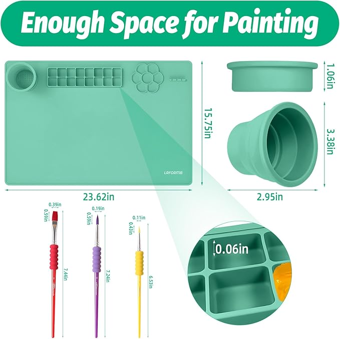 Silicone Craft Mat, Paint Pad with Detachable Cleaning Cup, Paint Mats with 3 Painting Brushes, 23.6 x 15.8in Nonslip Art Mat, Painting Station Reusable Art Supplies for Kids(Green)