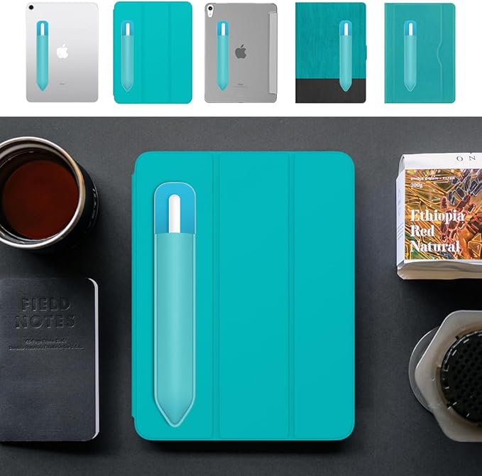 MoKo Pencil Holder Sticker Fit Apple Pencil Pro, Apple Pencil (USB-C), Apple Pencil 1st/2nd Generation, Elastic Pencil Pocket Pouch Adhesive Sleeve Attached to iPad Case for Stylus Pens, Cyan Blue