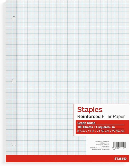 STAPLES Graph Ruled Filler Paper, 8.5” x 11”, White, 3‑Pack