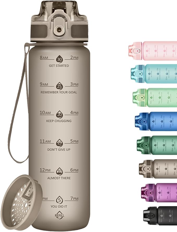32oz Water Bottle with Time Marker, Motivational Drinking Bottle with Strap, BPA-Free Leak-Proof, Encouraging Water Bottle Time to Drink Water for Gym School Office Travel