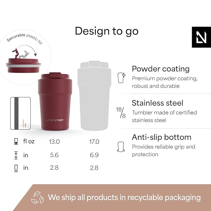 LARS NYSØM Thermo Coffee Mug to go 13oz | Travel Mug 0.38 Liter with Insulation | Silicone grip base | Leak Proof Stainless Steel Tumbler for Coffee and Tea on the Go (Powder Berry Red, 13oz)
