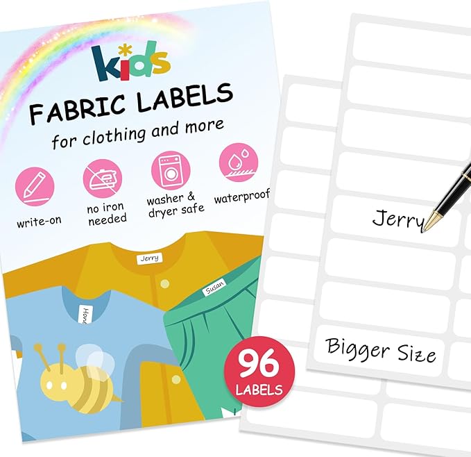 No-Iron Fabric Labels, Kids Clothing Labels Self-Stick Write-On, Name Labels for Daycare, Camp, School, Toys, Organizing, Washer & Dryer Safe, Pack of 96, 1/2" x 1-3/4"