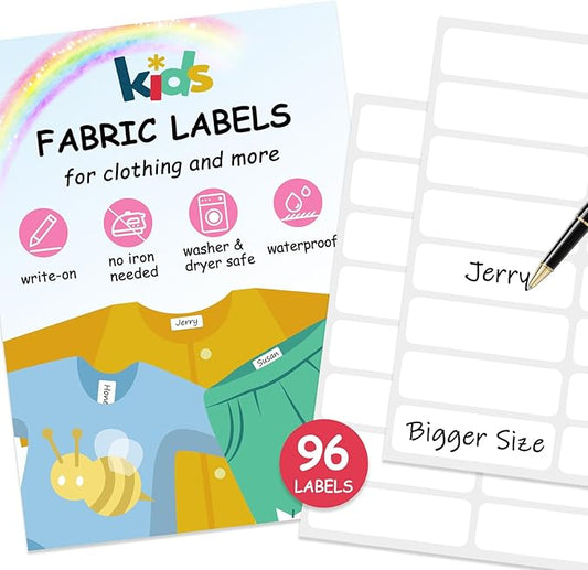 No-Iron Fabric Labels, Kids Clothing Labels Self-Stick Write-On, Name Labels for Daycare, Camp, School, Toys, Organizing, Washer & Dryer Safe, Pack of 96, 1/2" x 1-3/4"