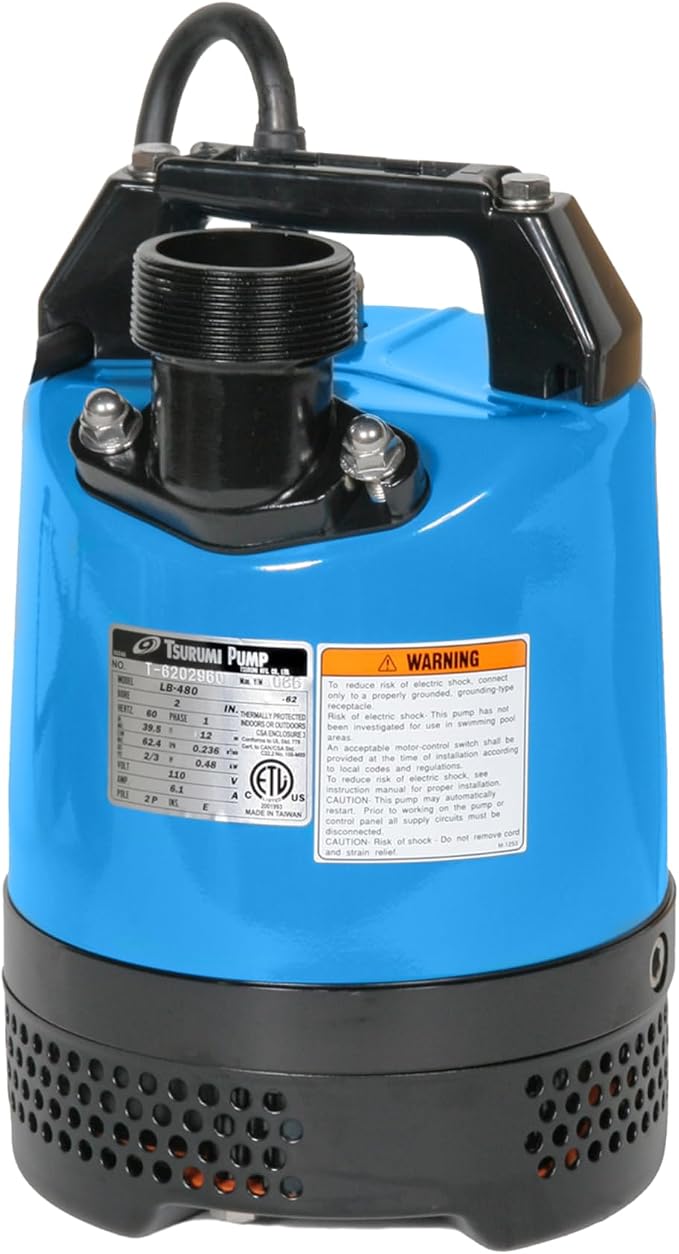 Tsurumi Pump LB-480 Submersible Dewatering Pump 2/3 HP 115V 2 in Discharge Slimline Design Ideal For Construction Use | 63 GPM / 3780 GPH