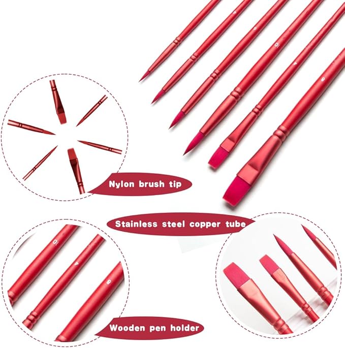Acrylic Paint Brush Set, 6 pcs Watercolor Brushes, Painting Brush Nylon Hair Brushes for All Purpose Oil Watercolor Painting Beginner Kits (6, Red)
