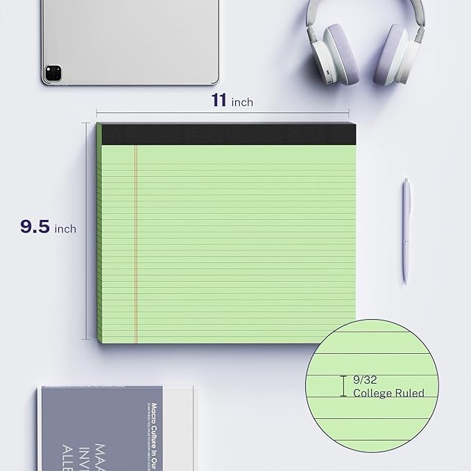 AILZFEI 3 Pack Wide Legal Pads 11" x 9.5" (Landscape Format) Green College Ruled Note Pad Narrow Ruled 30 Sheets per Notepad Perforated Writing Paper with Thick Backboard Horizontal Pads of Paper