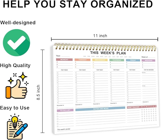 Undated Weekly Planner - 8.5" x 11" Undated Daily Productive Weekly To Do List Notepad for Home, Work, School, Projects, 52 Weeks, Clean Colorful Design
