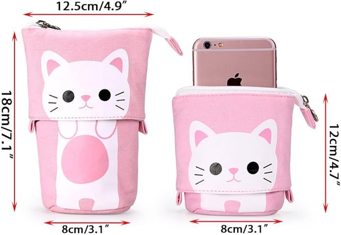 Telescopic Pencil Pouch Standing Pen Holder Cute Pencil Bags Stand Up Pen Case Cartoon Pencil/Pens Storage Box Canvas+PU Stationery Organizer Makeup Bag with Zipper Closure (Pink)