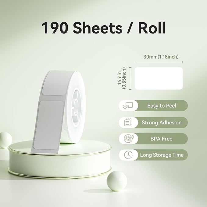 NIIMBOT Thermal Transfer Labels 0.55''x1.18'' for N1(B18) Label Maker | 14mmx30mm, 190 Labels/Roll, PET Material, Waterproof and High-Temperature Resistance, Long Storage Time, White
