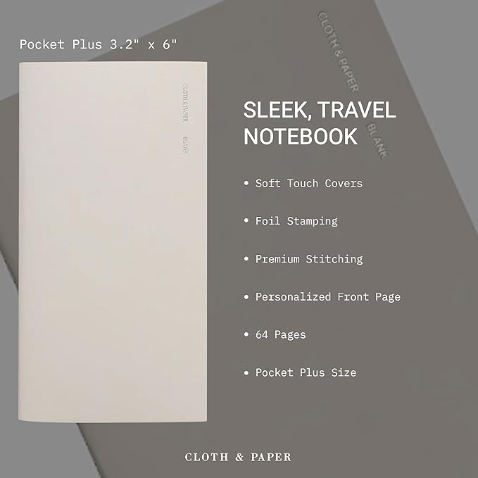 Cloth & Paper Travel Notebook | Blank Notebook – Angora | Pocket Plus Writing Journal 3.2" x 6" | Unlined Notebook for Writing, Sketching, Creative Planning, Journaling & Notes – Soft Touch Cover