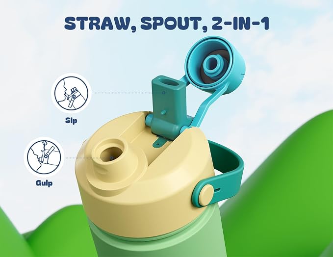 12 oz Kids Insulated Water Bottle for School: 2-in-1 Straw Spout Lid, Leakproof, BPA-Free, Keep Cold 24H, Reusable Stainless Steel Cup for Travel, Camping, Birthday Gift for Boys Girls (Pine Sprout)