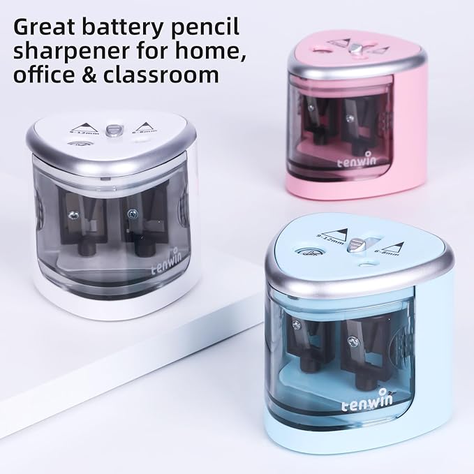 tenwin Electric Pencil Sharpener for Colored Pencils, Battery Operated Pencil Sharpeners for No.2 and 6-12mm Pencils, Dual Hole for Office School Artists Adults Kids Use（Blue）