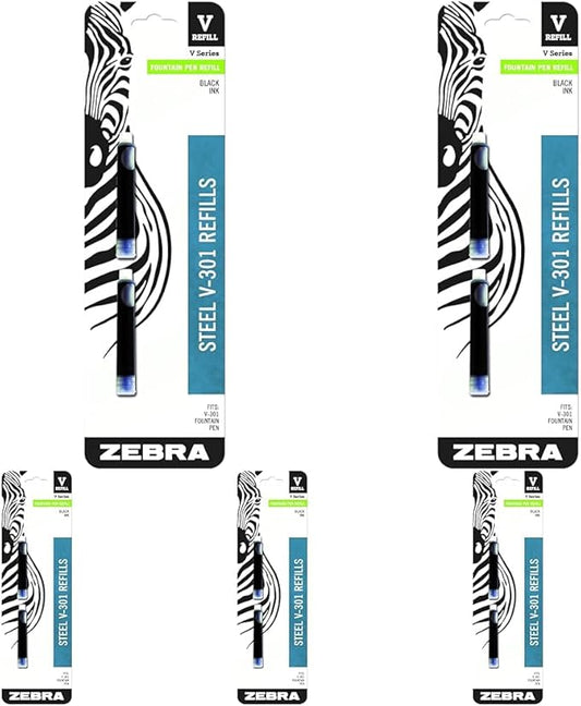 Zebra Pen V-301 Stainless Steel Fountain Pen Refill, Fine Point, 0.7mm, Black Ink, 10-Pack