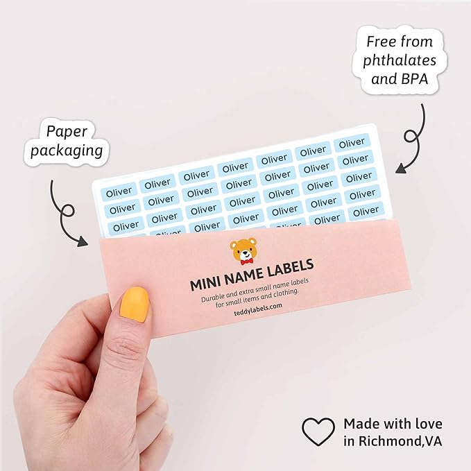Mini Name Labels (175) - Custom Personalized Name Labels for Labeling Tiny Items, Washer and Dryer-Safe Waterproof Labels for Daycare, Preschool, and School - Light Blue