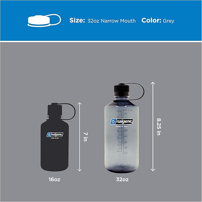 Nalgene 32 oz Narrow Mouth Water Bottle | BPA-Free, Durable & Leak Proof, Lightweight Bottle for Hiking, Gym & Travel, Grey
