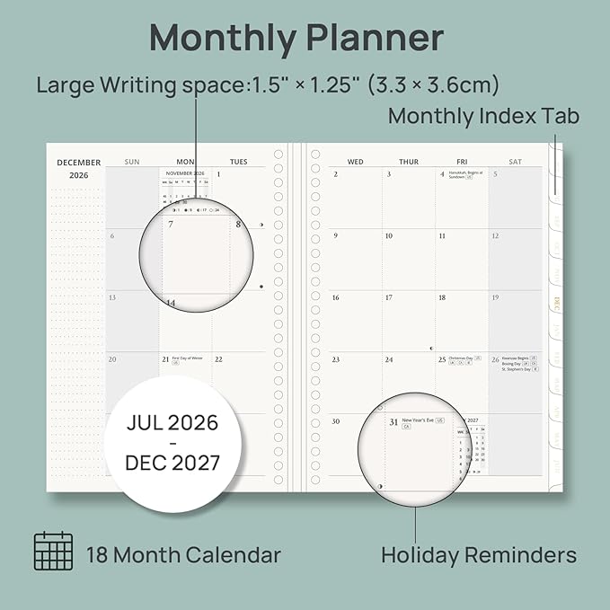 POPRUN 2026-2027 Monthly Planner, 18 Month Calendar (July 2026-Dec 2027), 6.25" x 8.5" A5 Spiral Hardcover Organizer with Dotted Note Pages, Professional Appointment Book for Business Office, Students & Teachers - Black