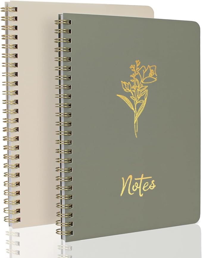 Prelady Spiral Notebooks for Women, 2 Pack College Ruled Wirebound Notebooks with Gold Floral Design, Aesthetic Journaling Notebooks for Writing, School, Work, Office Supplies (Beige/Sage)