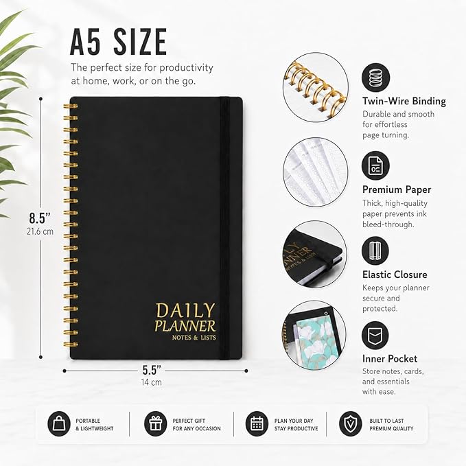 Daily Planner with Hourly Schedules - Undated To Do List Notebook for Work and Study, Spiral Bound, 5.5" x 8.5", Easily Manage Tasks and Appointments - Black