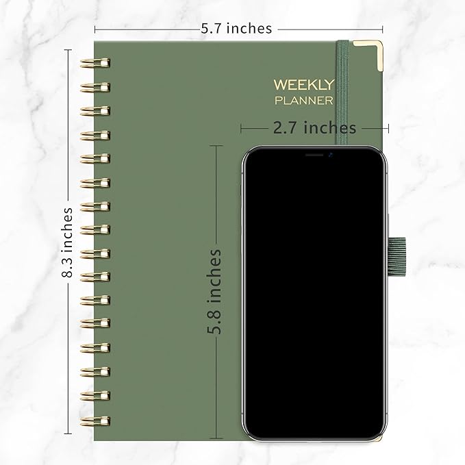 RETTACY Undated Planner, Weekly and Monthly, 53 Weeks and 12 Months, Medium Size (5.7" x 8.3"), 24 Self-adhesive Monthly Tabs, Hardcover, 100 GSM Thick Paper, Spiral-bound (Light Green)