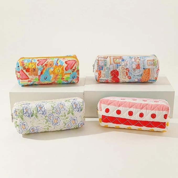 Cute Mini Quilted Makeup Bag for Women Travel Cosmetic Bags Lightweight Coquette Aesthetic Floral Toiletry Organizer Case (Green Leaf)