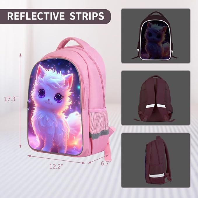 HiMagics Kids Backpack for Girls- 3pcs 17″ Girls Backpack with Lunch Box Set for Toddle Elementary Middle School - Students Bag for Ages 6-18 Fox Bookbag Travel Back Pack