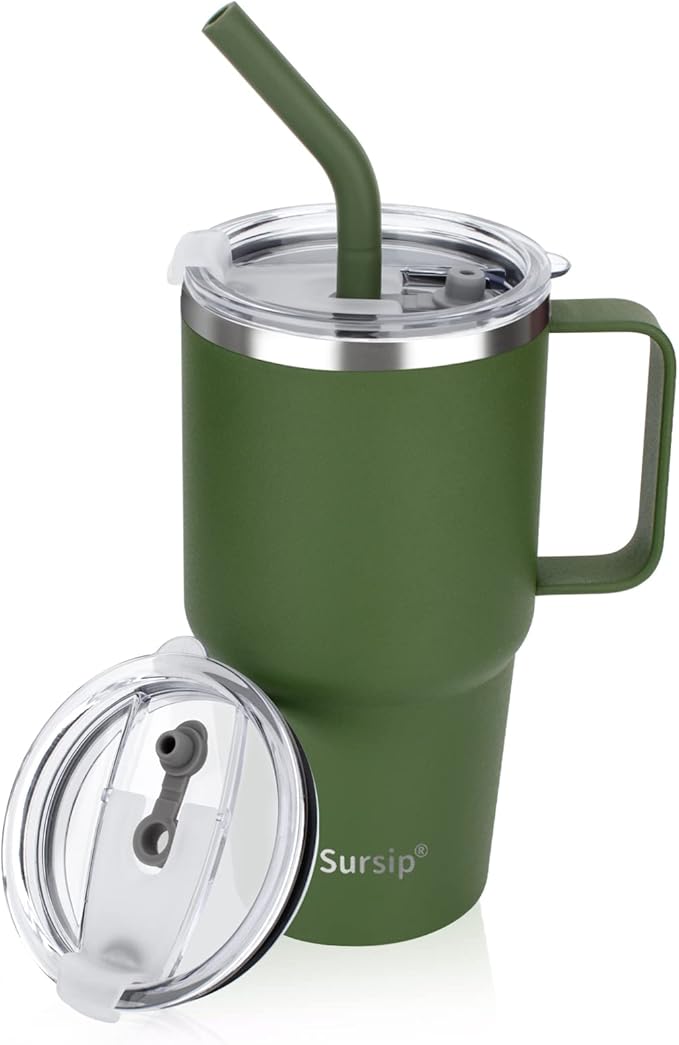 Sursip Insulated Coffee Mug with Handle and Lid, 24 oz Double Wall Vacuum Travel Thermal Coffee Tumbler with Straw for Home, Office Stainless Steel Coffee Cup - Leak proof (Olive Green-1 Pack)