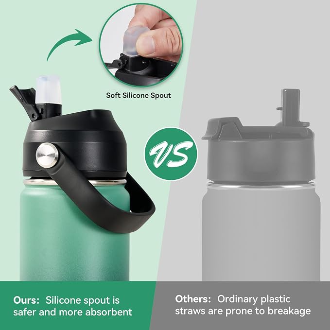 Fijinhom 24oz Insulated Stainless Steel Water Bottle, Wide Mouth Double Wall Vacuum, Silicone Straw, Sweat & Leak Proof, BPA Free Insulated Water Flask for Travel, Keep Cold 24h Hot 12h, Green & Black