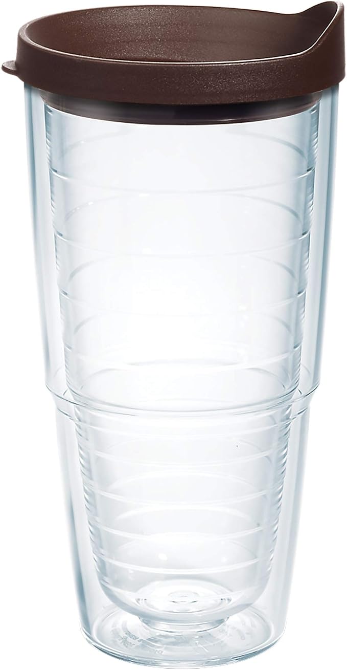 Tervis Clear & Colorful Lidded Made in USA Double Walled Insulated Tumbler Travel Cup Keeps Drinks Cold & Hot, 24oz, Brown Lid