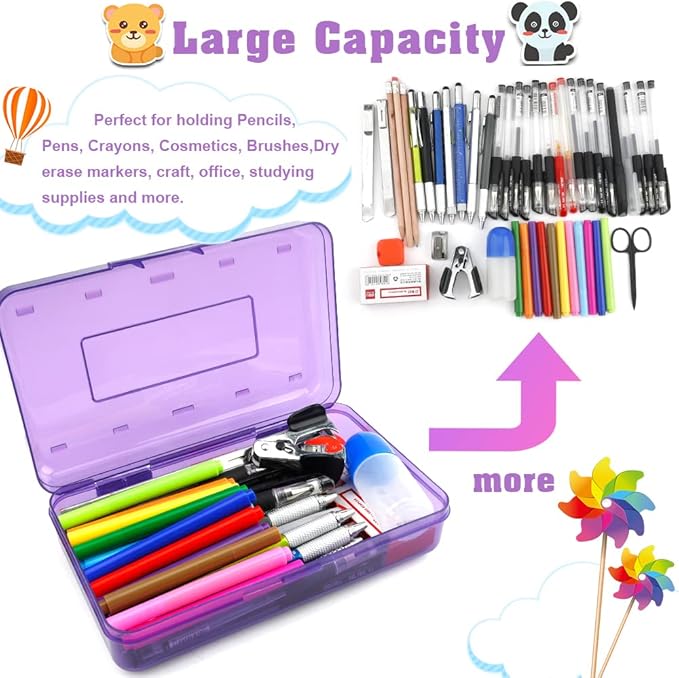 Pencil Case, Pencil Box, Clear Pencil Case, 2 Pack Plastic Pencil Case, Large Pencil Case, Clear Crayon Box with Snap-tight Lid Stackable Design, Plastic Storage Box for Office Supplies, Purple+Blue