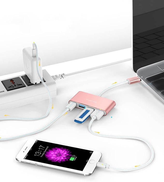 LENTION USB C Hub 4-in-1 with 100W PD, Type-C Multiport Adapter for 2016-2026 MacBook Pro/Air(M1-M5), iPad, Surface, ChromeBook, Aluminum Travel Hub for iPhone 15-17 (C13, Rose Gold)