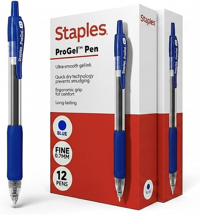 STAPLES ProGel™ Retractable Gel Pen, Fine Point, 0.7mm, Blue Ink, 2/Pack