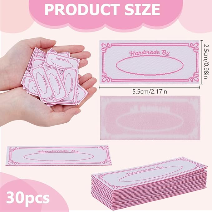 30 Pcs Handmade Iron on Labels Personalized Woven Iron-On Labels White Background with Pink Text Count Fabric Label Sew/Ironing on Label for Clothing Knitting Quilting Crafts 2.2'' *1''