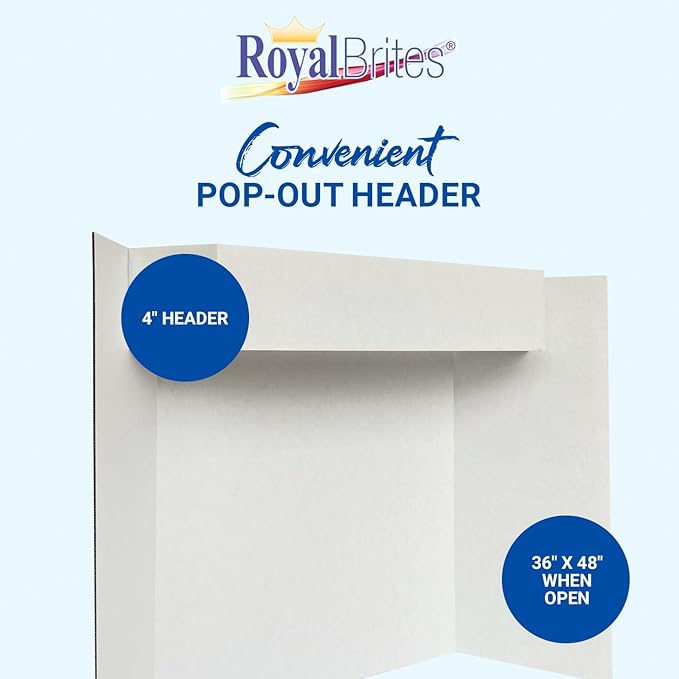Royal Brites Tri-fold Corrugated Project Board with Header 36" x 48", 1 Ply Tri-Fold Project Board w/Built-in 4” Header for School & Work Presentations, Science Fair Display Boards, White, Pack of 12