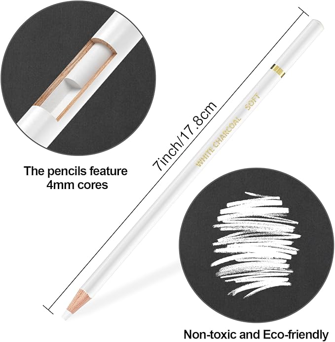 Aenir White Charcoal Pencils, Pack of 12 Charcoal Drawing Pencils, Charcoal Pencils for Artists, Art Supplies for Drawing and Highlighting.